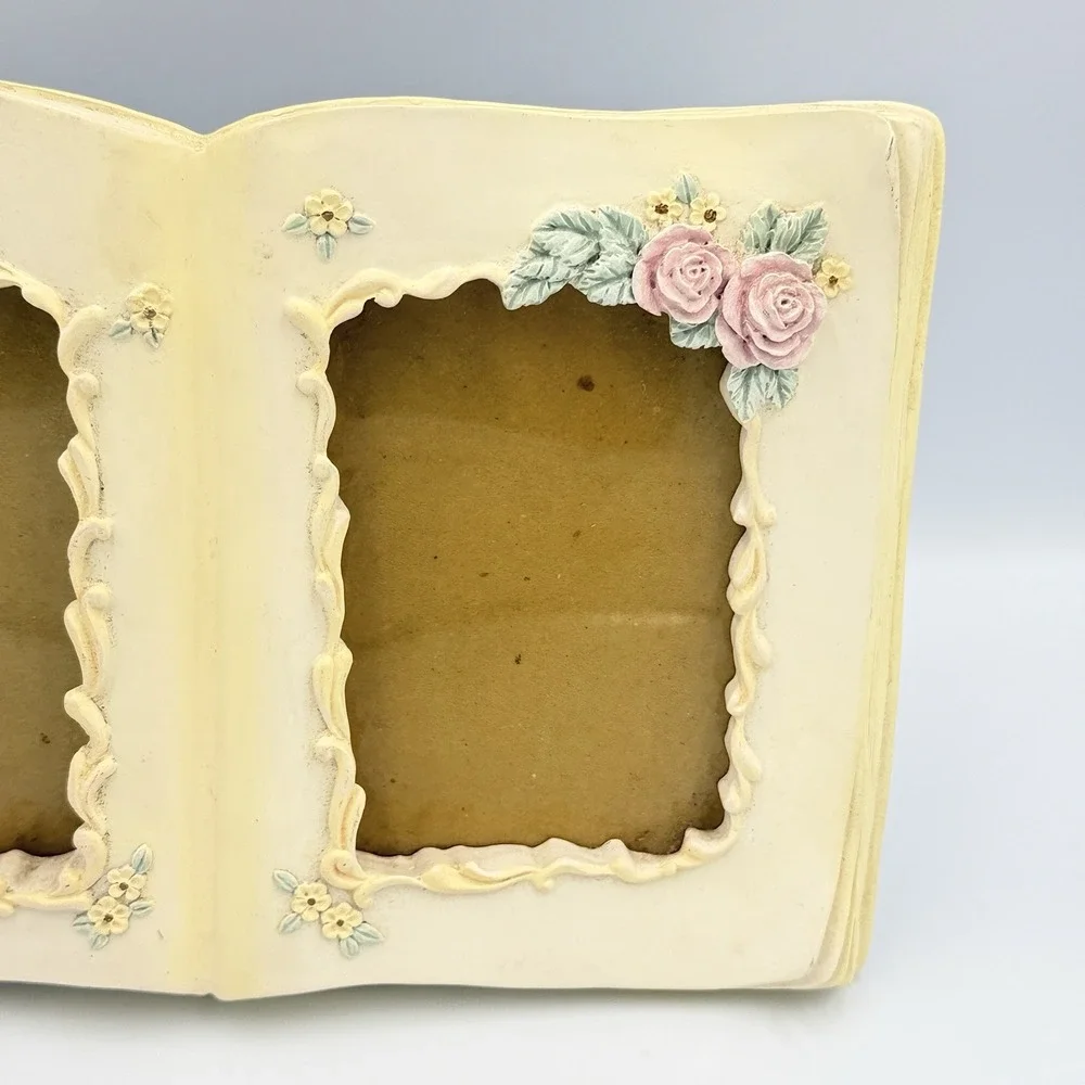VTG Floral Double 3x4 Photo Frame Book Shaped Roses Shabby Chic Cottagecore